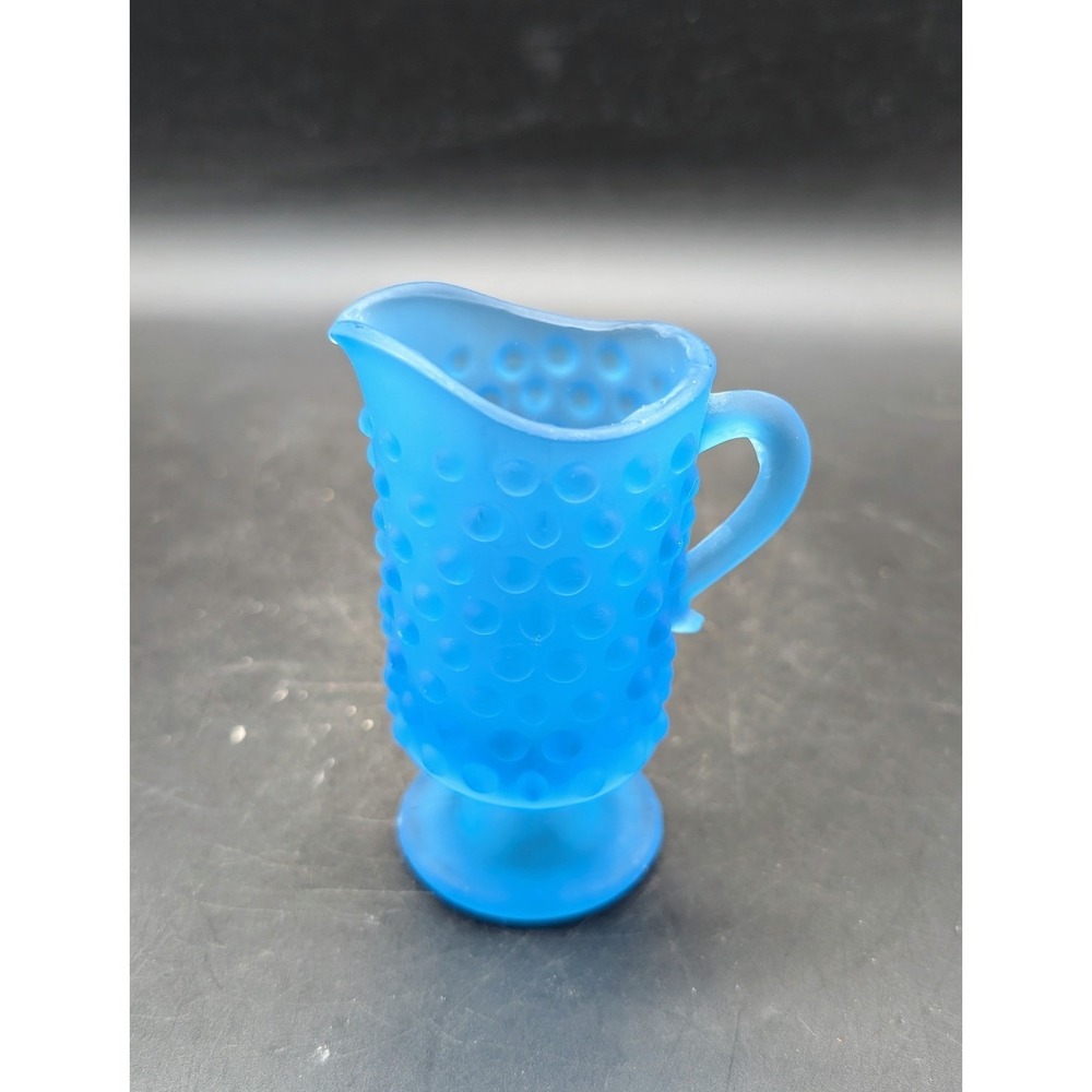 Blue Satinβ Hobnail Glass Pitcher Creamer Footed Frosted Mid Century Modern 3"